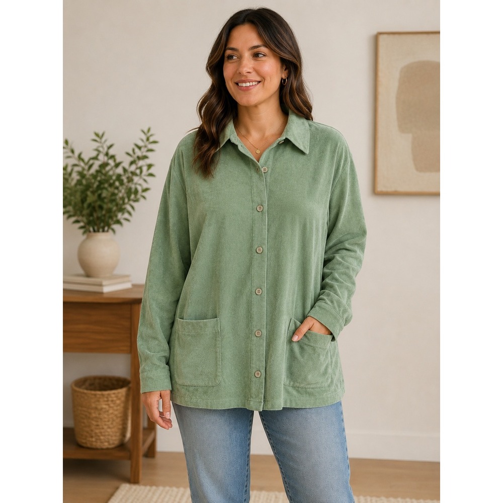 NWT The Tog Shop Shirt Women Large Green Faux Suede Button Up Pockets